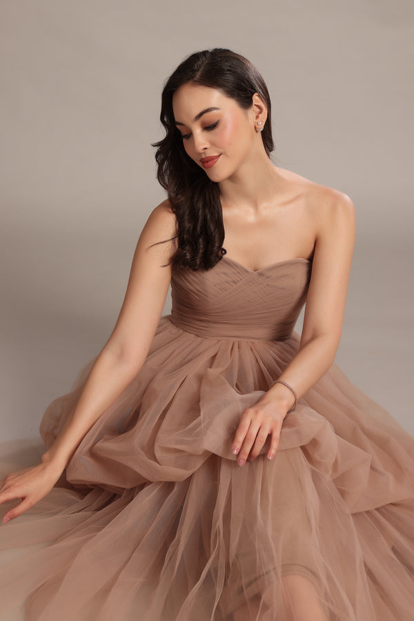 Lace & Beads Nala Strapless Maxi Dress In Taupe