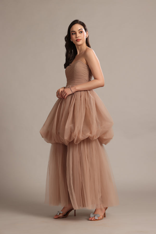 Lace & Beads Nala Strapless Maxi Dress In Taupe