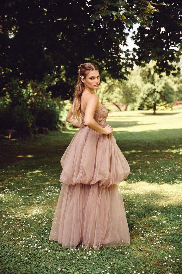 lace & beads Nala Strapless Maxi Dress in Taupe