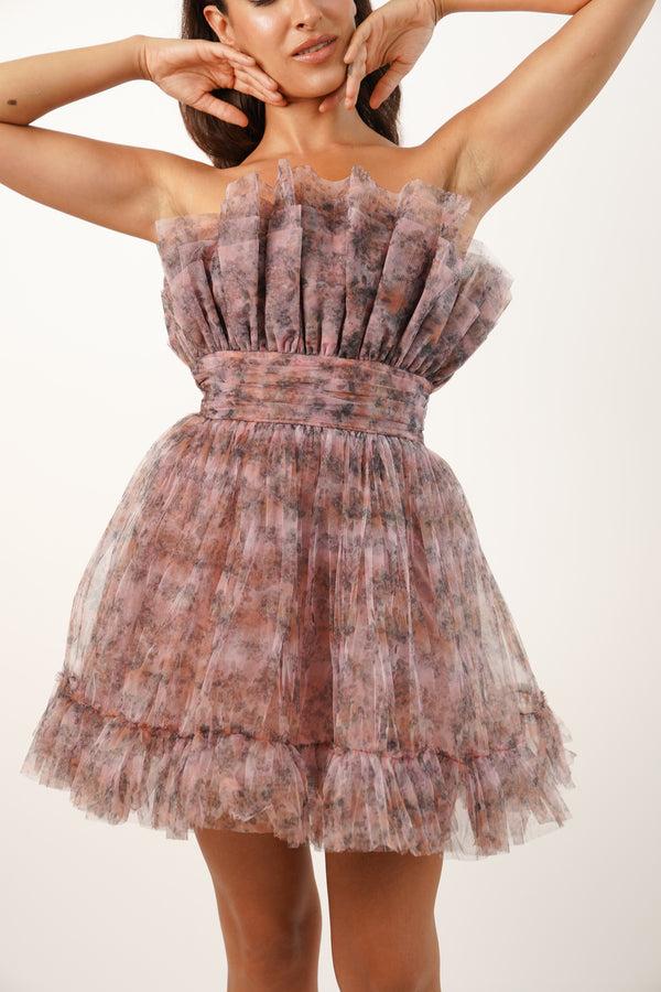 Lace & Beads Nanita Tulle Mini Dress In Floral Print