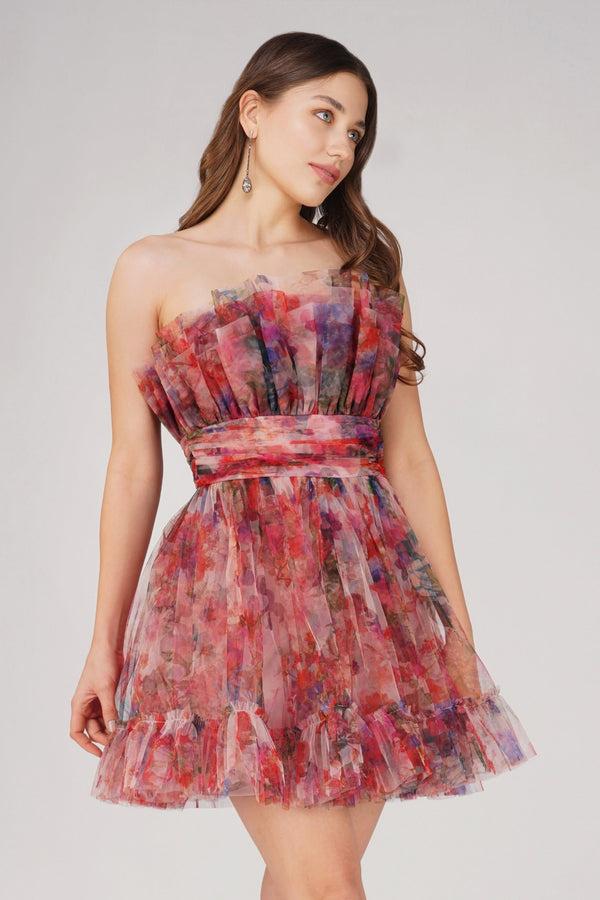 Lace & Beads Nanita Tulle Mini Dress In Mixed Floral