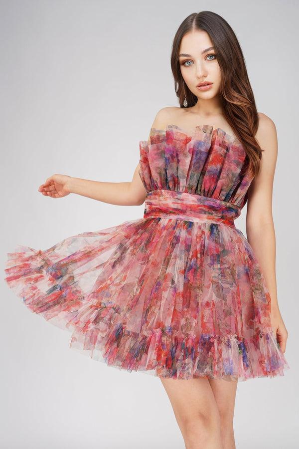 Lace & Beads Nanita Tulle Mini Dress In Mixed Floral