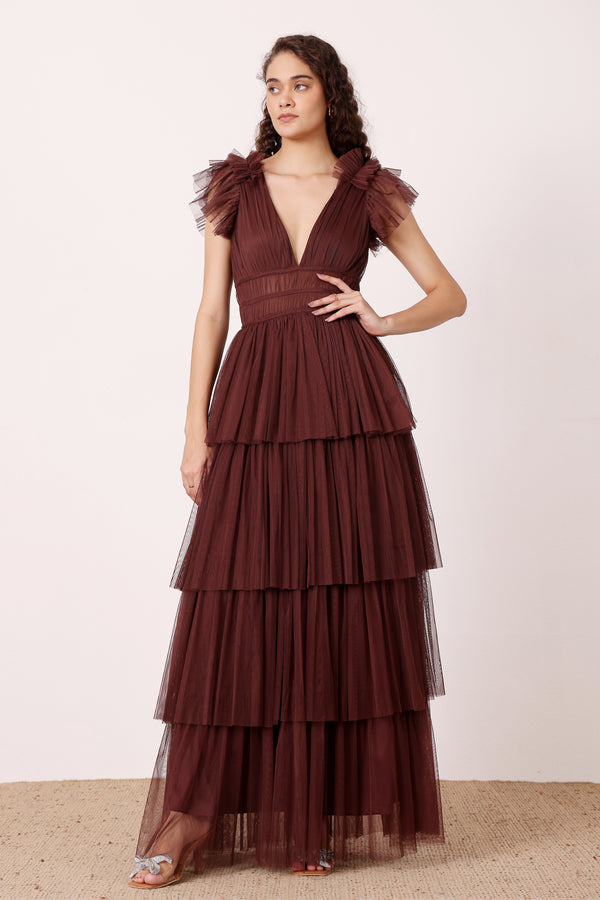 Lace & Beads Naomi Maxi Dress In Deep Brown