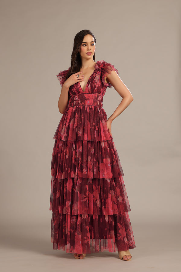 Lace & Beads Naomi Maxi Dress In Deep Red Floral