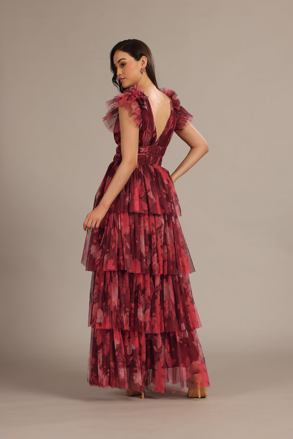 Lace & Beads Naomi Maxi Dress In Deep Red Floral