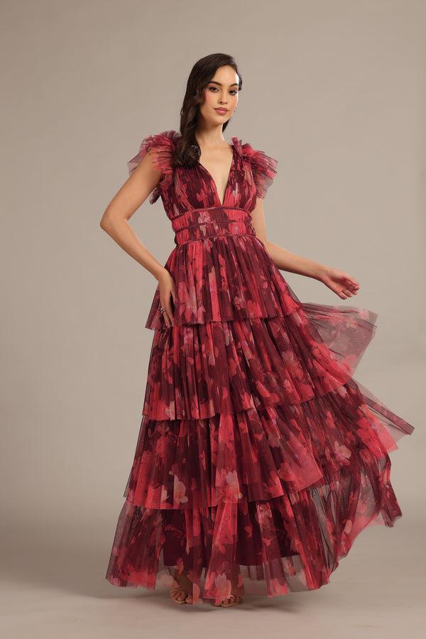 Lace & Beads Naomi Maxi Dress In Deep Red Floral