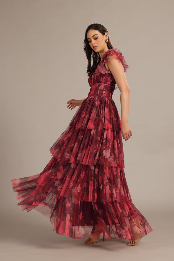 lace & beads Naomi Maxi Dress in Deep Red Floral