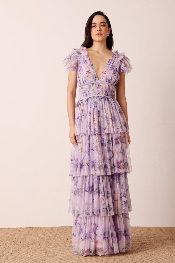 Lace & Beads Naomi Maxi Dress In Lilac Floral
