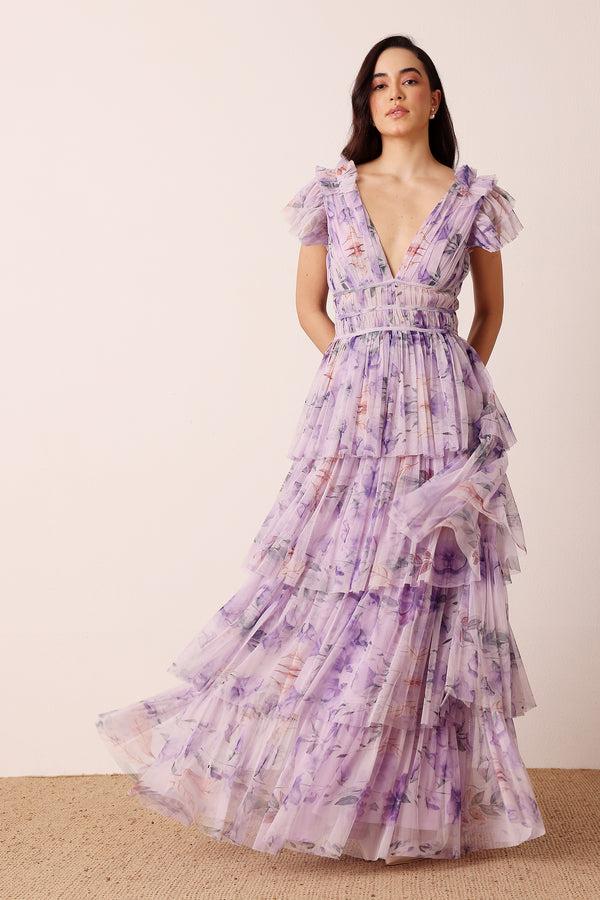 Lace & Beads Naomi Maxi Dress In Lilac Floral