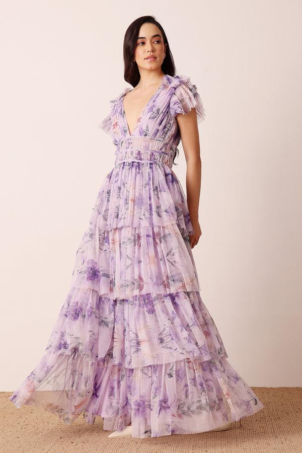 lace & beads Naomi Maxi Dress in Lilac Floral