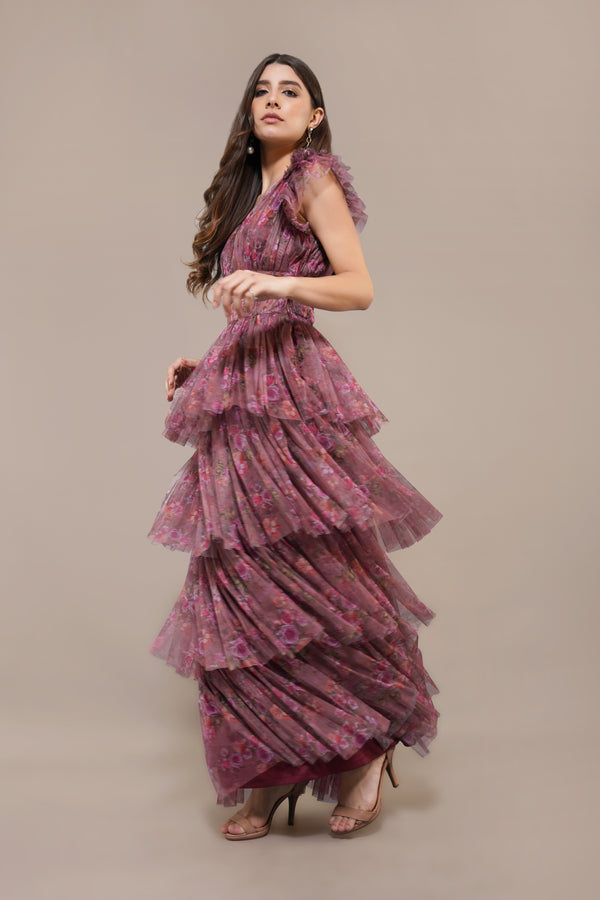 Lace & Beads Naomi Maxi Dress In Purple Floral