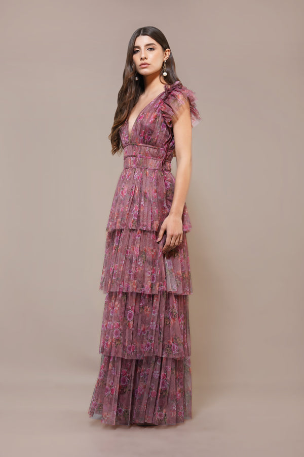 Lace & Beads Naomi Maxi Dress In Purple Floral