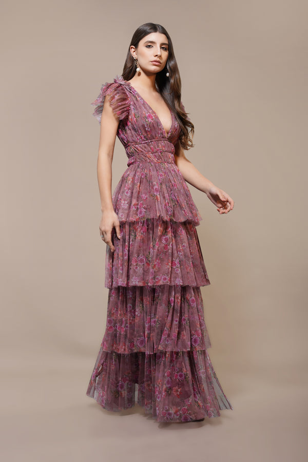 Lace & Beads Naomi Maxi Dress In Purple Floral