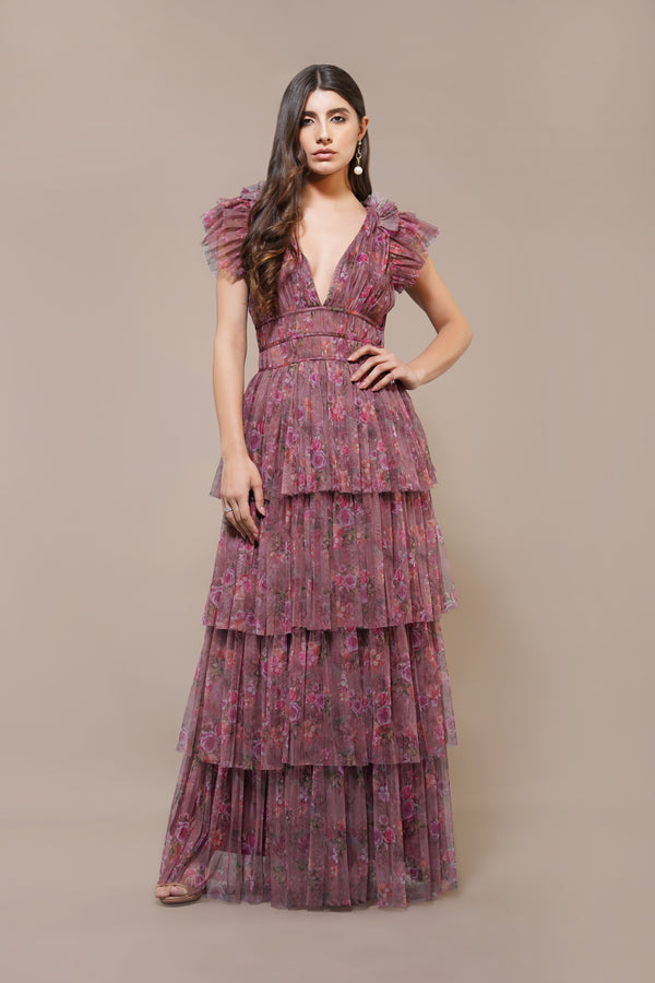 lace & beads Naomi Maxi Dress in Purple Floral