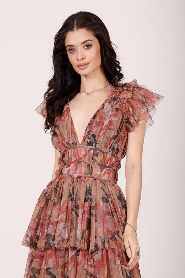 Lace & Beads Naomi Maxi Dress In Red Rose Floral