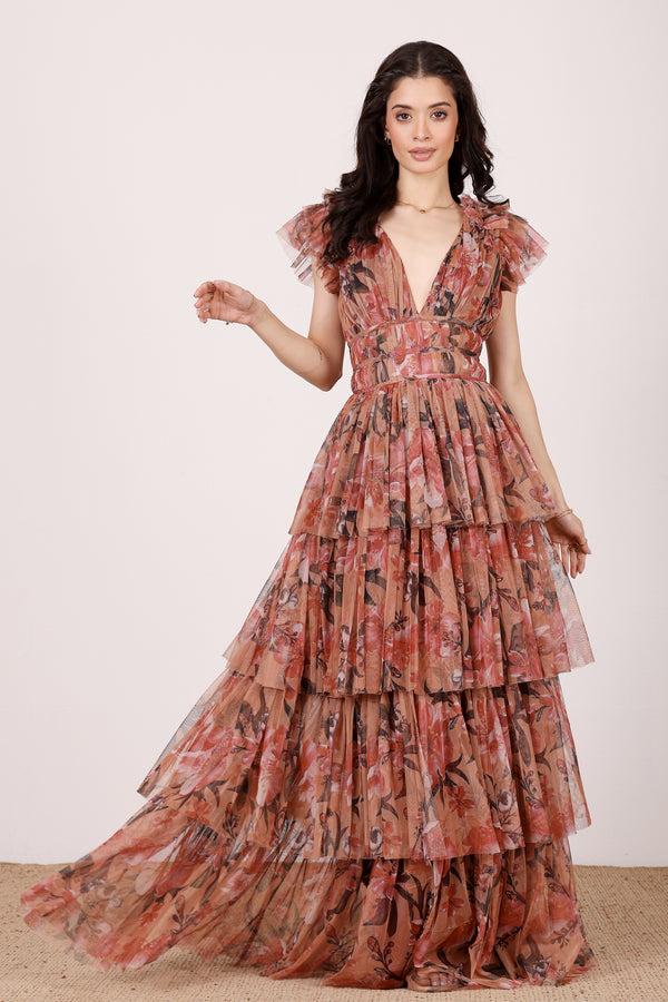 Lace & Beads Naomi Maxi Dress In Red Rose Floral