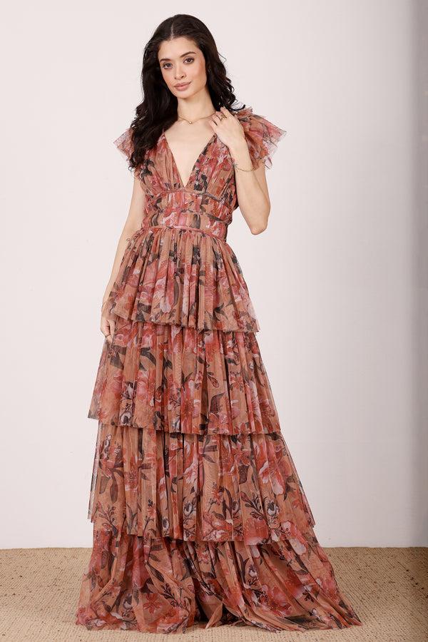 lace & beads Naomi Maxi Dress in Red Rose Floral