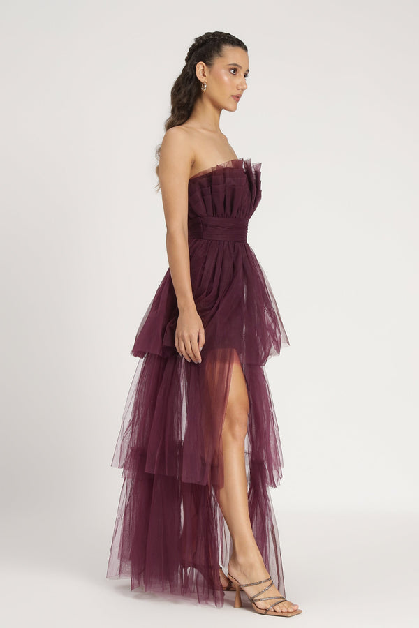 Lace & Beads Natalia Tulle Maxi Dress In Plum