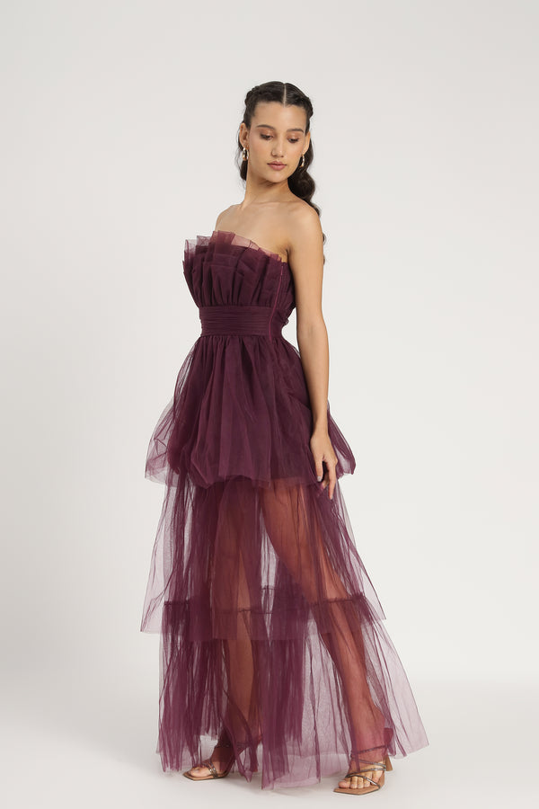 Lace & Beads Natalia Tulle Maxi Dress In Plum