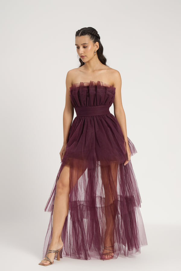 Lace & Beads Natalia Tulle Maxi Dress In Plum