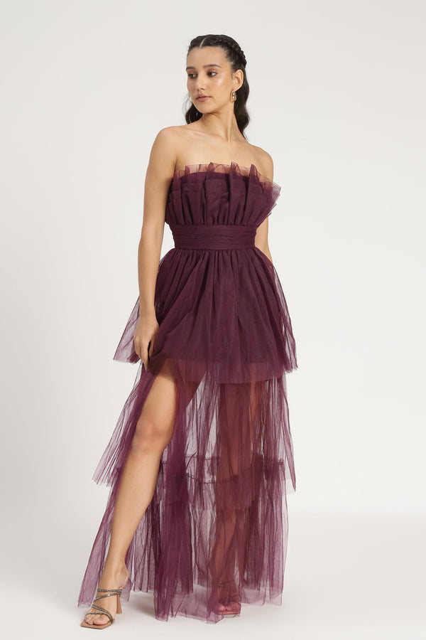 lace & beads Natalia Tulle Maxi Dress in Plum