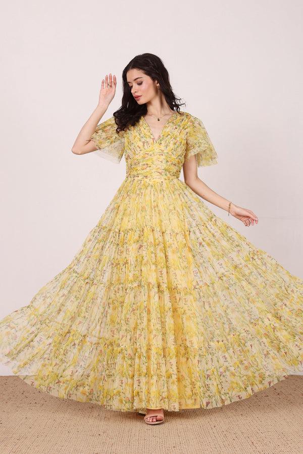 Lace & Beads Nelaney Maxi Dress In Yellow Floral
