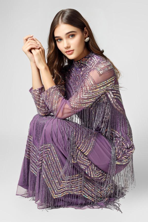 Lace & Beads Nelissa Purple Fringe Dress