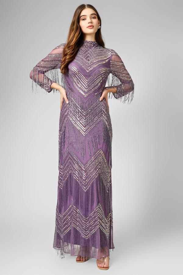 lace & beads Nelissa Purple Fringe Dress