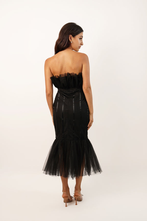 Lace & Beads Nero Black Strapless Midi Dress