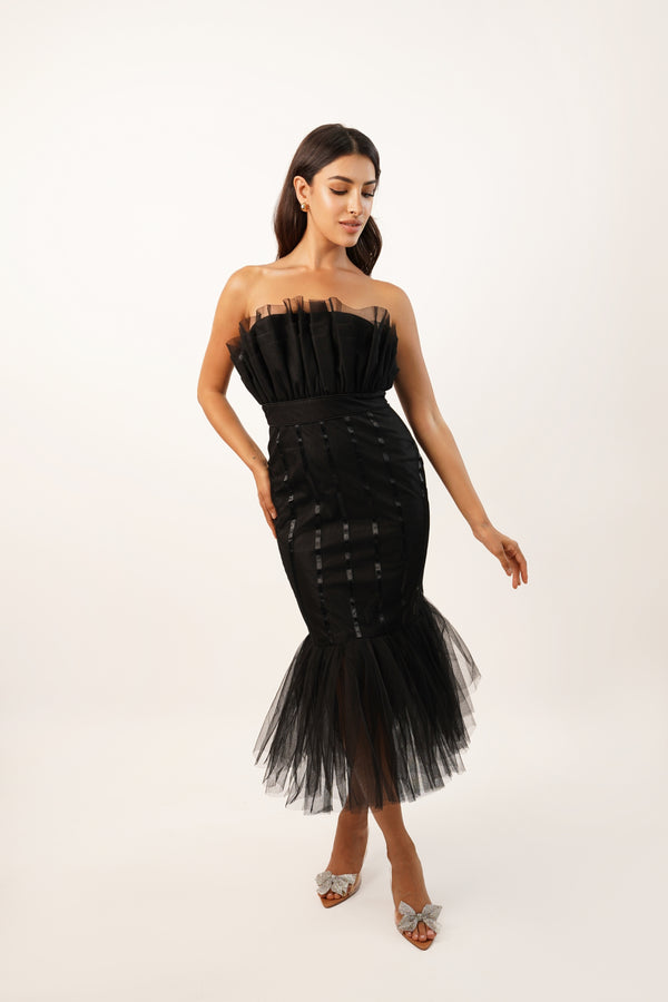 lace & beads Nero Black Strapless Midi Dress