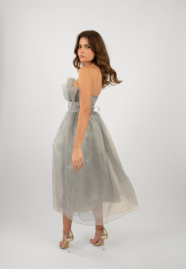 Lace & Beads Noah Organza Midi Dress In Grey