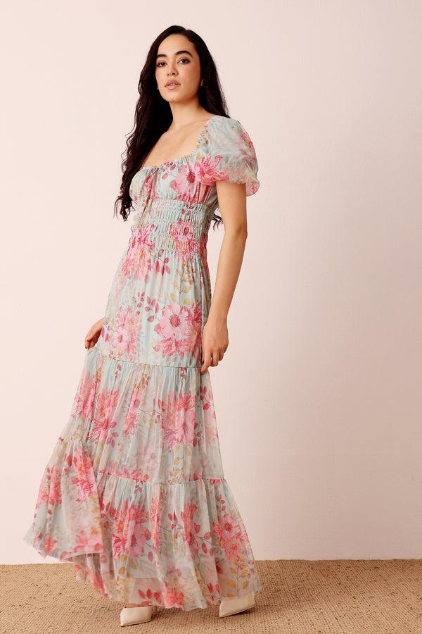 Lace & Beads Noore Maxi Dress In Mint Floral