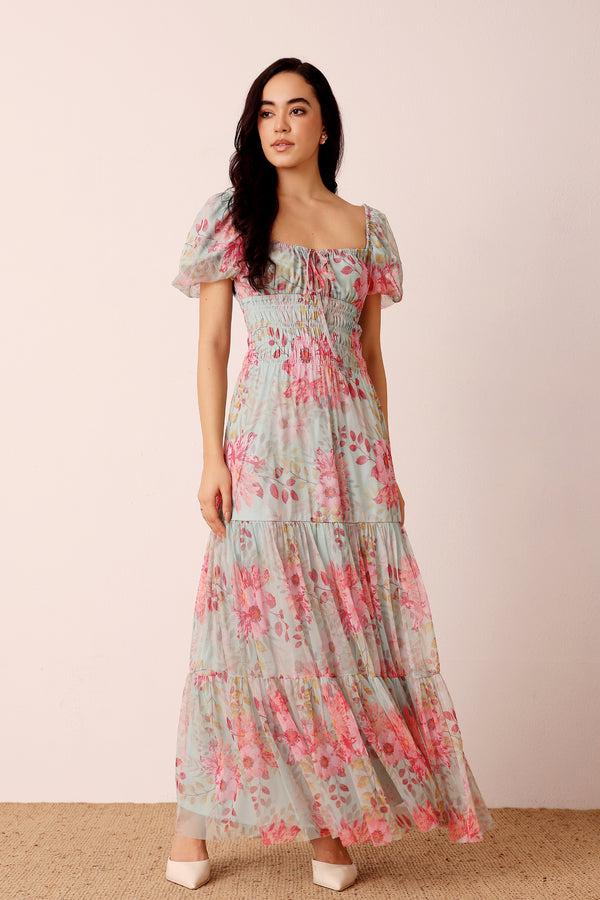 lace & beads Noore Maxi Dress in Mint Floral