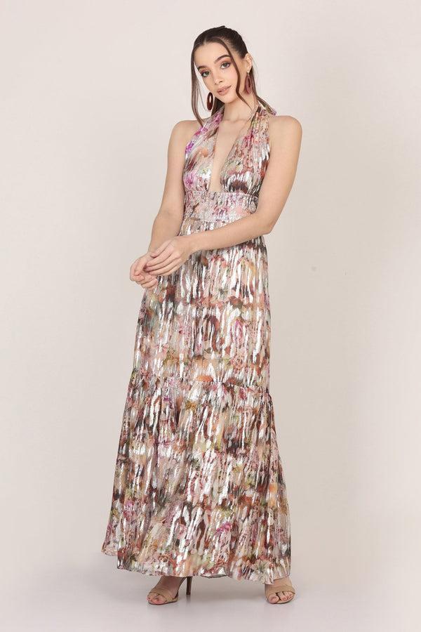 Lace & Beads Noorex Metallic Printed Maxi Dress
