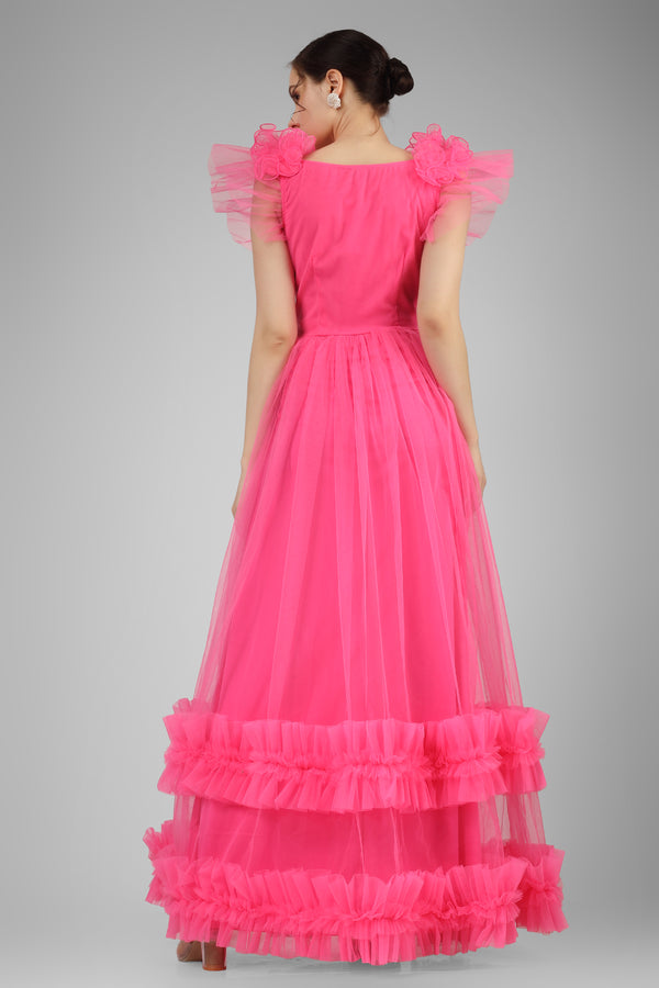 Lace & Beads Nova Pink Tulle Corsage Maxi Dress