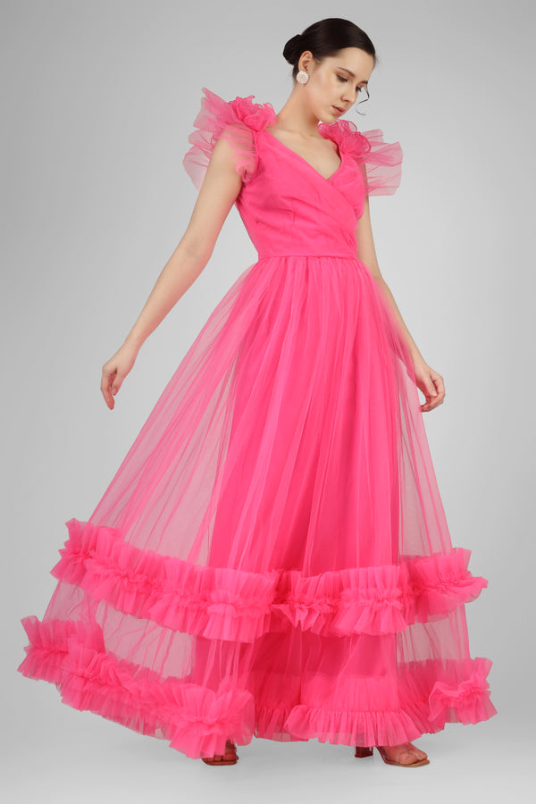 Lace & Beads Nova Pink Tulle Corsage Maxi Dress
