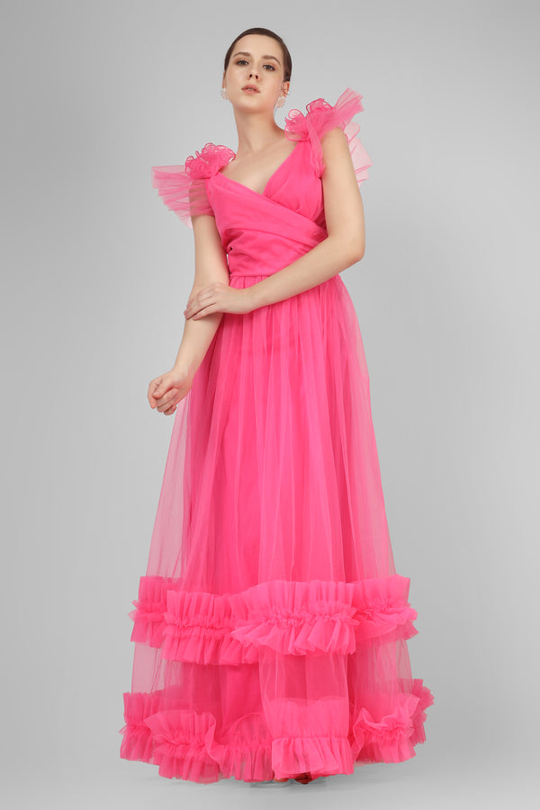 lace & beads Nova Pink Tulle Corsage Maxi Dress