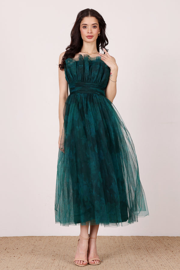 Lace & Beads Nusrat Midi Dress In Jade Green Floral