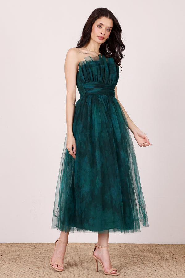 lace & beads Nusrat Midi Dress in Jade Green Floral