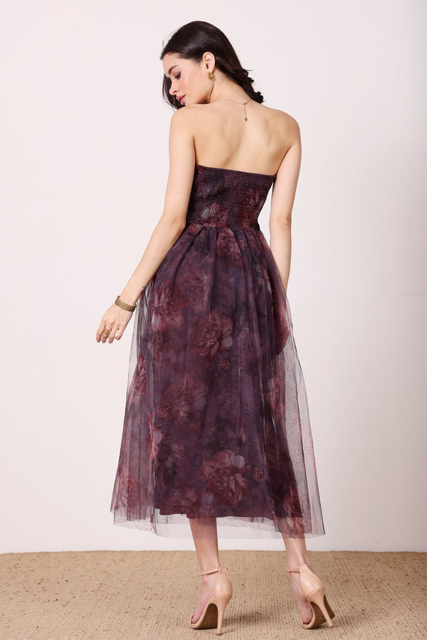 Lace & Beads Nusrat Midi Dress In Plum Floral