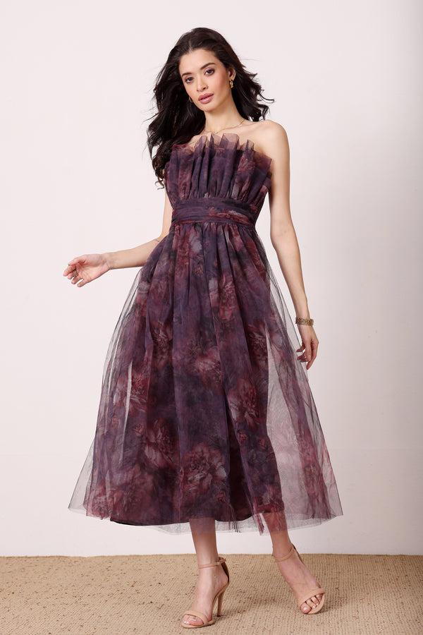 Lace & Beads Nusrat Midi Dress In Plum Floral