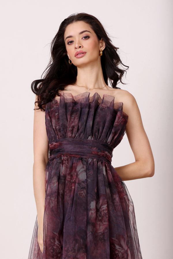 Lace & Beads Nusrat Midi Dress In Plum Floral