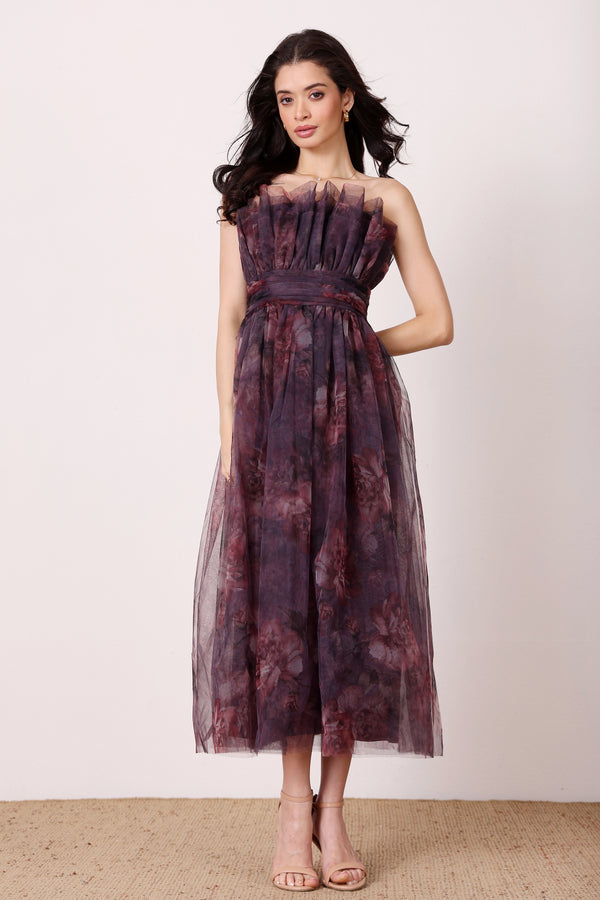 lace & beads Nusrat Midi Dress in Plum Floral