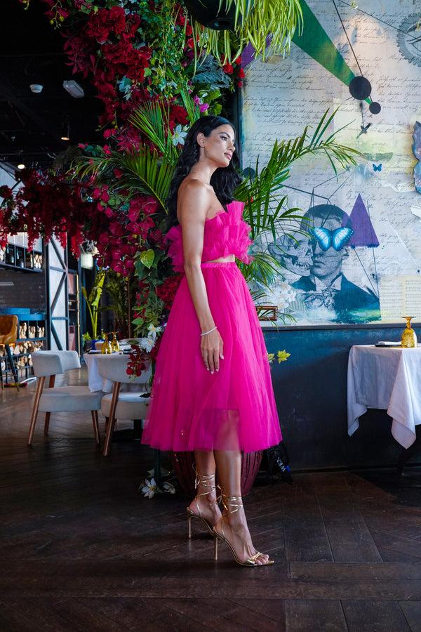 Lace & Beads Nyra Tulle Top In Hot Pink