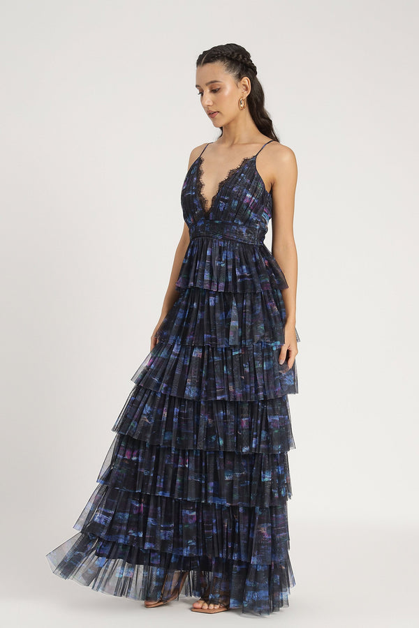Lace & Beads Oakley Maxi Dress In Blue Print