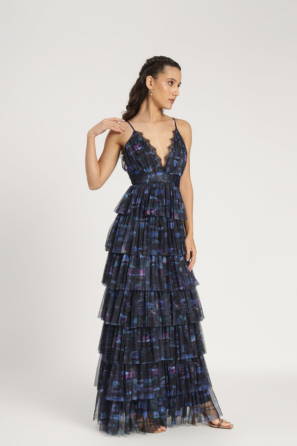 Lace & Beads Oakley Maxi Dress In Blue Print