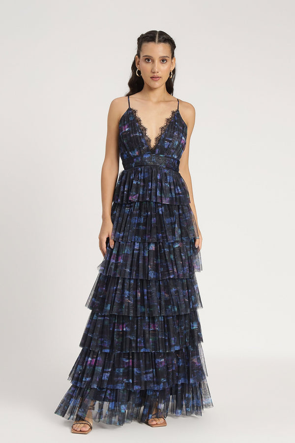 lace & beads Oakley Maxi Dress in Blue Print