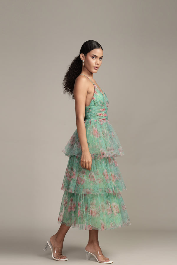 Lace & Beads Odette Midi Dress In Green Floral