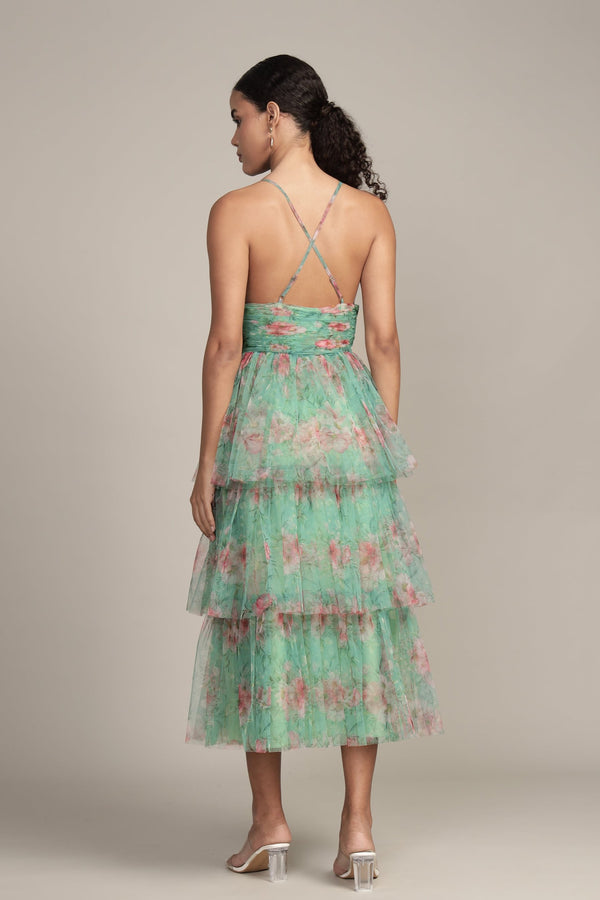 Lace & Beads Odette Midi Dress In Green Floral