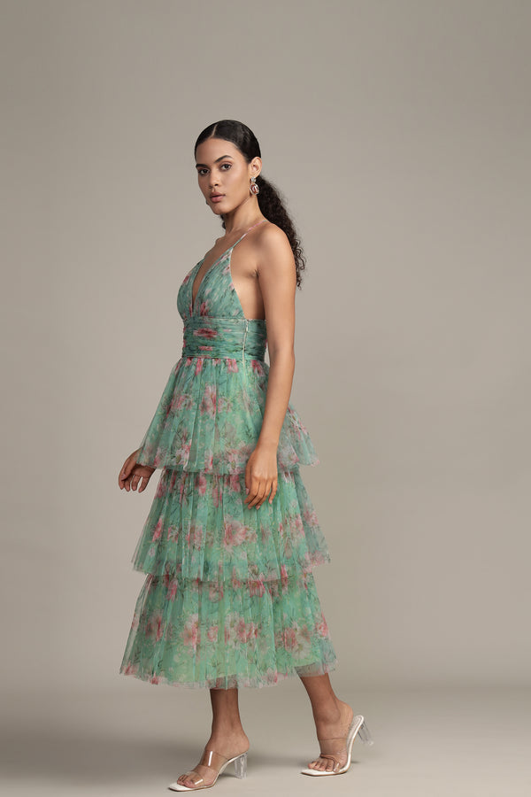 Lace & Beads Odette Midi Dress In Green Floral